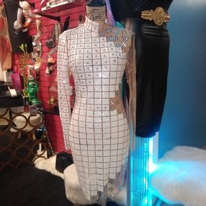 Queen's Wht Diamond Sequins Sheer Dress